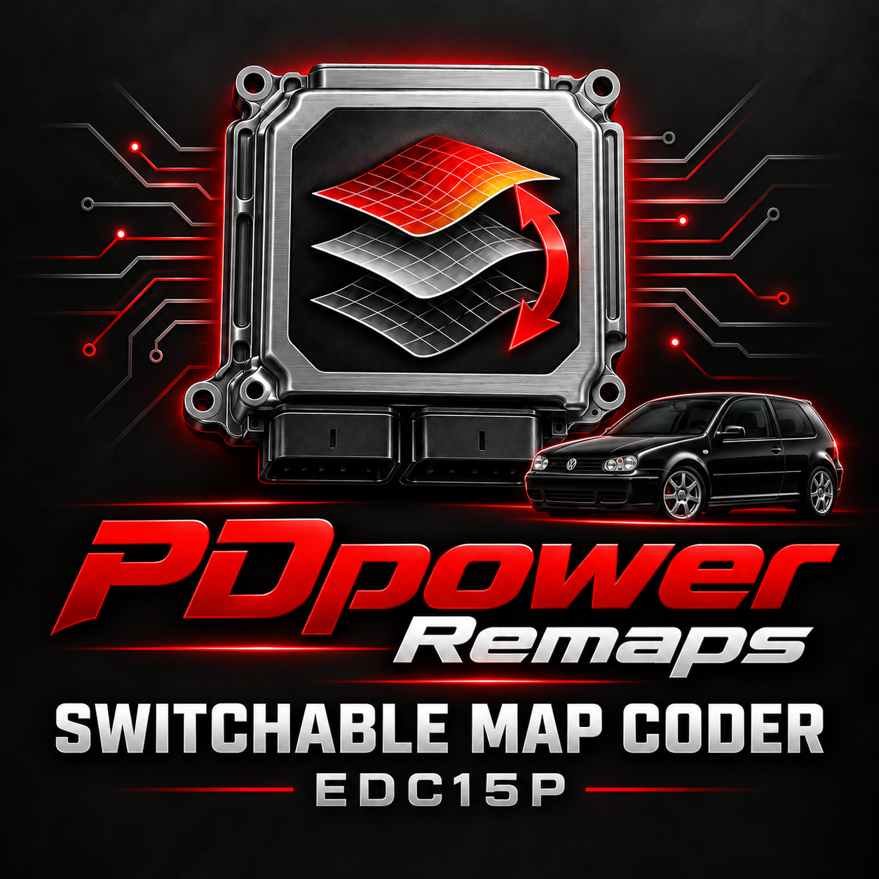 PDpower EDC15P Switchable Map Coder with ECU map layers and a black Mk4 Golf